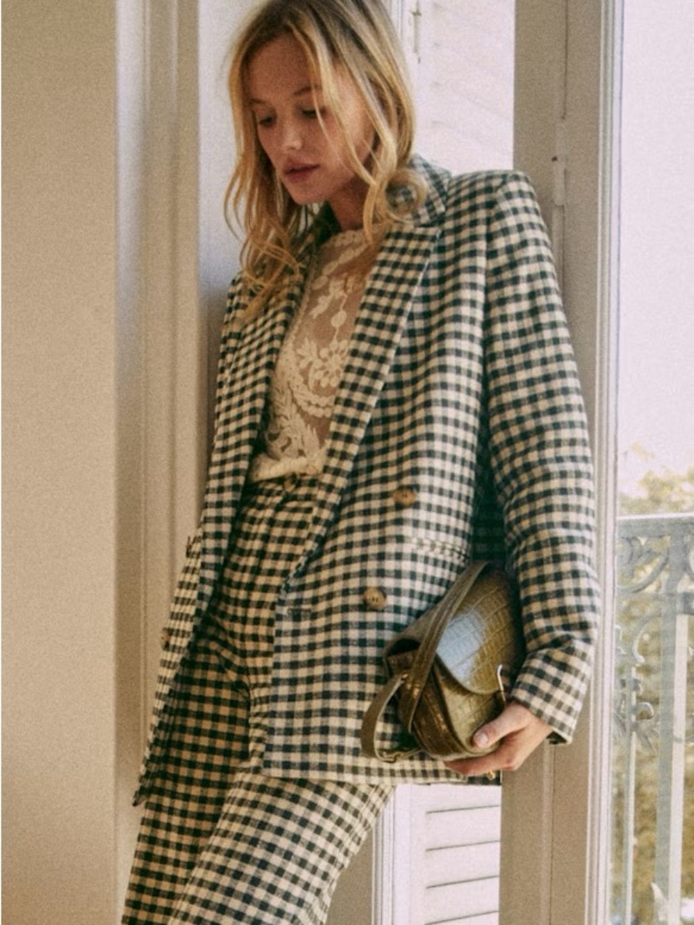 NWT - Sezane Chelsea Gingham Blazer in Cream & Khaki - size US  4